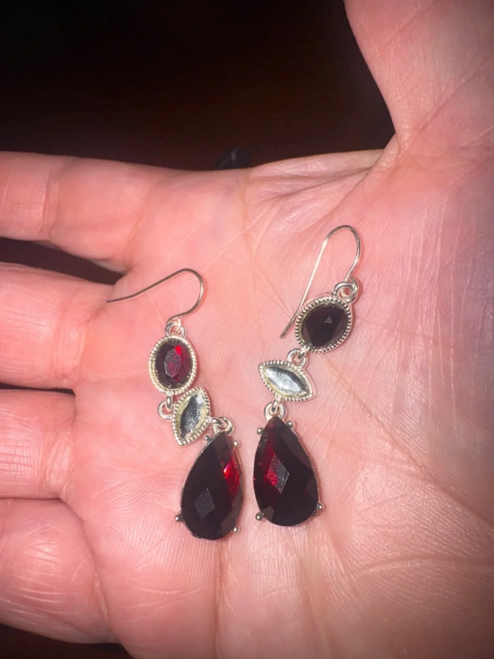 Liz Claiborne Silver Drop Earrings with Deep Garnet Red Stones - Picture 5 of 6